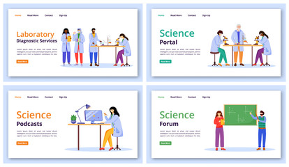 Science services landing page vector template set. Modern learning technology website interface idea with flat illustrations. Forums and portals homepage layout, web banner, webpage cartoon concept