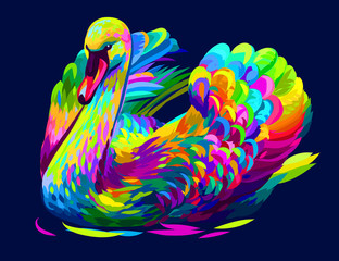 The swan is swimming. Abstract, artistic, multi-colored image of a swan on a dark  blue background in pop art style.
