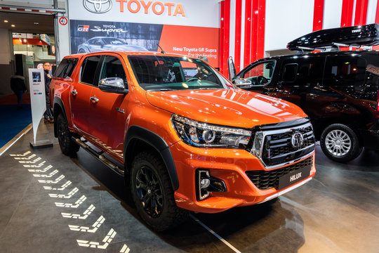 BRUSSELS - JAN 18, 2019: Toyota Hilux commercial vehicle showcased at the 97th Brussels Motor Show 2019 Autosalon.