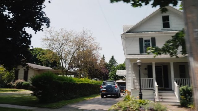 A trip through America along a typical neighborhood with wooden houses