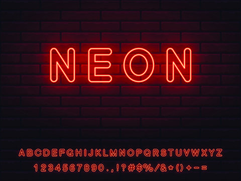 Set of red neon font. Letters, numerals, signs, icons with transparent glow for web design and advertising