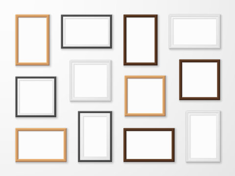Realistic image frames. Picture frame in different colors, hanging blank pictures on gallery wall of modern interior templates vector set