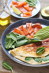 Cheese omelette with spinach, smoked salmon and avocado. Ketogenic diet low carb breakfast.