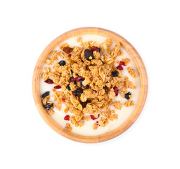 Yogurt with granola on white background