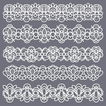 Lace borders. Seamless vintage cotton lace eyelets, horizontal stripe handmade. Embroidered decorative ornate pattern ribbons vector set