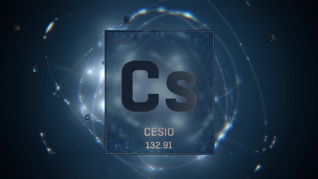 Cesium as Element 55 of the Periodic Table. Seamlessly looping 3D animation on blue illuminated atom design background with orbiting electrons. Name, atomic weight, element number in Spanish language