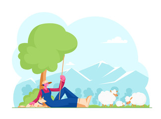 Obraz na płótnie Canvas Young Man in Chaff Hat and Blue Overalls Holding Long Stick Sitting with Dog under Tree Grazing Sheep. Shepherd Male Character, Villager or Farmer Working Outdoors. Cartoon Flat Vector Illustration