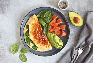 Cheese omelette with spinach, smoked salmon and avocado. Ketogenic diet low carb breakfast.