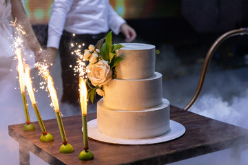 Beautiful big wedding cake with decorated by tender sweet roses