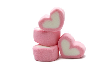 Pink sweet heart shape marshmallow isolated on white background.