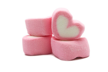 Pink sweet heart shape marshmallow isolated on white background.