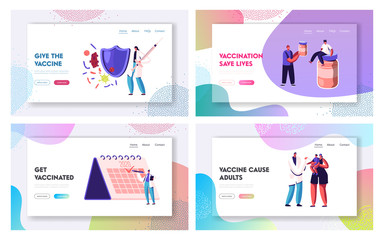 Fototapeta na wymiar Disease Prevention, Immunization. Website Landing Page Set. People Getting Vaccine from Influenza and other Illness and Viruses. Vaccination Procedure Web Page Banner Cartoon Flat Vector Illustration