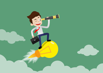 Businessman standing on light bulb flying and holding spyglass looking for success