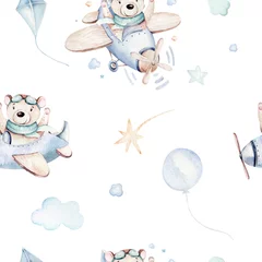 Wallpaper murals Animals with balloon Watercolor set baby cartoon cute pilot aviation background illustration of fancy sky transport complete with airplanes balloons, clouds. childish Boy pattern. It's a baby shower illustration