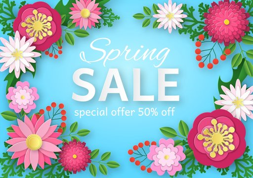 Spring sale with paper flowers. Colorful floral promotion poster, magazine and web site advertising online shopping. Holiday vector banner