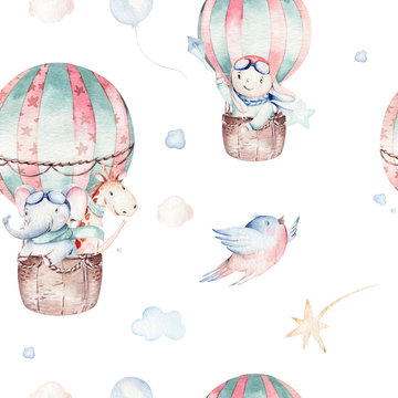 Fototapeta Watercolor balloon seamless pattern. Watercolor set baby cartoon cute pilot giraffe, elephant with koala, bear and bird aviation sky transport c balloons, clouds.