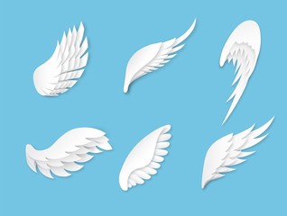 Fototapeta na wymiar Paper wings. Artificial white different shapes wings decoration. Heraldic logo with bird feathers, origami flying angel vector concept