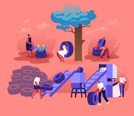 People Using and Recycling Old Automobile Tires Making Flowerbed and Swing at Home Yard, Grinding on Plant. Environment Protection Recycle Industry Trash Reuse Concept Cartoon Flat Vector Illustration