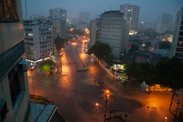Rio de Janeiro, Brazil, 2006 - Flood in Joana river in Rio de Janeiro seen from the top of a...