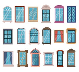 Flat windows frames. Colorful various wooden and plastic window frames with window sills, exterior architectural house wall vector elements
