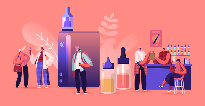 Vape Shop Business Concept. Urban Hipster in Store Selling Electronic Cigarette Products, Vaporizers Selection of E-liquids Buying and Enjoy Vaping Breathe in Nicotine Cartoon Flat Vector Illustration