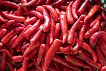 Close up of red hot chili peppers in an Asian market