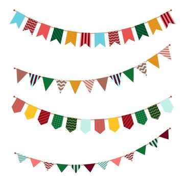 Bunting set. Party flags garland with ornament decor on streamers for festival event or celebrating of birthdays vector banners