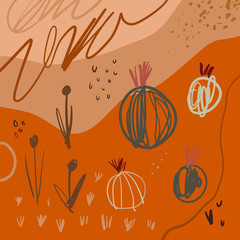 Abstract aesthetic spring or summer cacti pattern with abstract shapes at terracotta lcolor background. Wall art, social media post