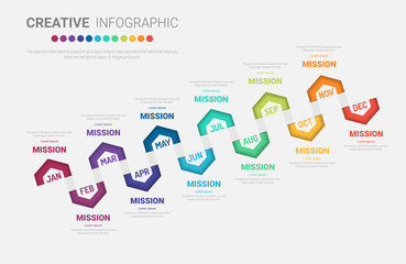 Timeline presentation for 12 months, 1 year, Timeline infographics design vector and Presentation business can be used for Business concept with 12 options, steps or processes. 