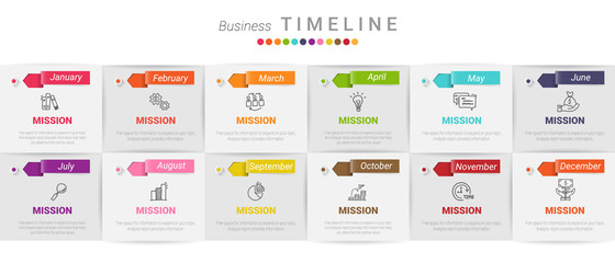 Presentation business infographic template for 12 months, 1 year, can be used for Business concept with 12 options, steps or processes.