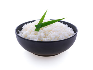 Japanese rice in black bowl  on white background