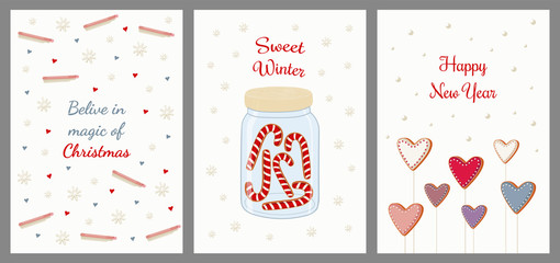 Postcards with sweet topping, hearts, snow, gingerbread cookies in a glass jar.