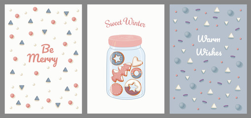 Fototapeta na wymiar Postcards with sweet topping, hearts, snow, gingerbread cookies in a glass jar.