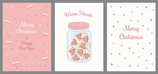 Set of winter cards. Merry christmas, Happy new year, warm hearts.