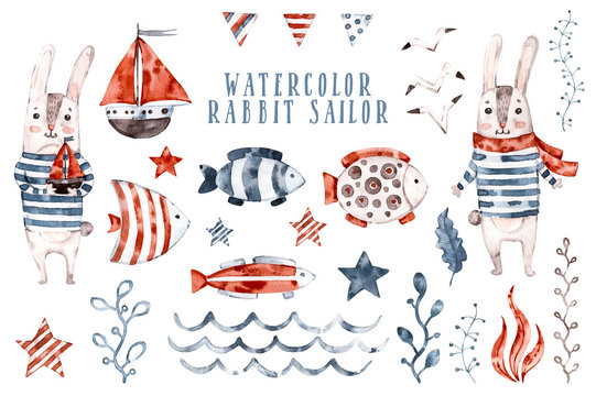 Watercolor rabbit nursery sailor, cartoon seaman animal set. Hand painted Cute childish character collection, aquarelle illustration, compilation with marine elements, seagull , wave, fish