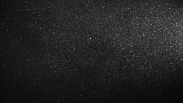 Natural Organic Dust Particles Floating On Black Background. Glittering Sparkling Particles Randomly Spin In The Air With Bokeh. Dynamic Particles With Fast And Slow Motion. Shimmering Dust In Space.
