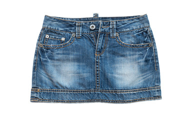Old blue jeans skirt with metal button and zip ,denim jeans texture isolated on white  background,...