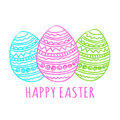 Happy Easter greeting card with hand drawn cute decorated striped green pink and blue easter eggs isolated on white background with text Happy Easter lettering, vector eps10