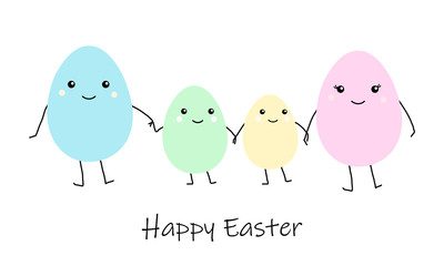 Happy Easter greeting card with Cute cartoon egg family, mather father and kids. Colorful funny smiling character with hands, legs, eyes. Flat design, kawaii style. white background. Vector eps10