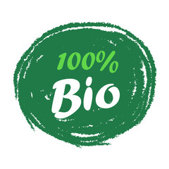 100% bio logo labels and tags. Vector hand drawn illustration. Vegetarian eco green concept.