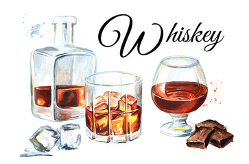 Bottle and glass filled with half alcoholic drink whiskey or brandy or cognac and ice cubes and chocolate bar card. Watercolor hand drawn illustration  isolated on white background
