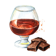 Glass filled with half alcoholic drink whiskey or brandy or cognac and chocolate bar. Watercolor hand drawn illustration  isolated on white background