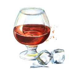 Glass filled with half alcoholic drink whiskey or brandy or cognac and ice cubes. Watercolor hand drawn illustration  isolated on white background