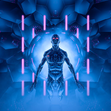 Prisoner of the digital realm / 3D illustration of metallic science fiction male humanoid cyborg inside neon lit computer core