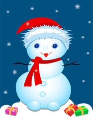 Snowman in a hat, scarf. New year gift. Blue with snowflakes. Illustration