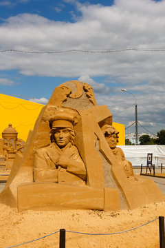 KOLOMENSKOYE,MOSCOW,RUSSIA-AUGUST 2, 2015:"Masterpieces of world literature". The exhibition of sand sculptures."Crime and Punishment" Fodor Dostoevsky, author Sergey Tselebrovsky, Russia