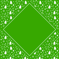 Frame with blank space for text. Border of xmas toys, tree and stars. Vector for Christmas and New Year greeting card, banner, invitation, packaging design, illustration pattern