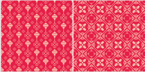 Red background. Chinese new year. Set of 2 templates for your design. Seamless pattern. Colors in the picture: red, white. Chinese Japanese style. Vector illustration.