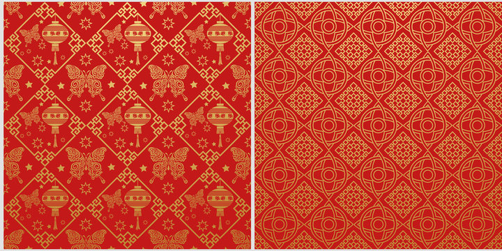 Red background. Chinese new year. Set of 2 templates for your design. Colors in the picture: red, gold. Chinese Japanese style. Vector illustration.