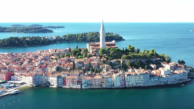 Croatia, Istria, Adriatic sea coast, drone circle footage around beautiful old town of Rovinj